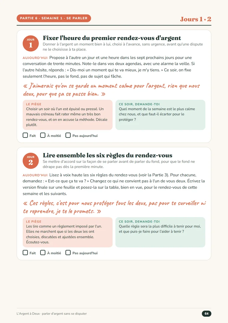 Une page du plan de 30 jours de L’Argent à Deux